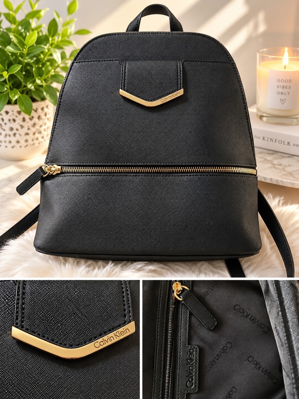 Calvin Klein Black Leather Backpack with Gold Hardware